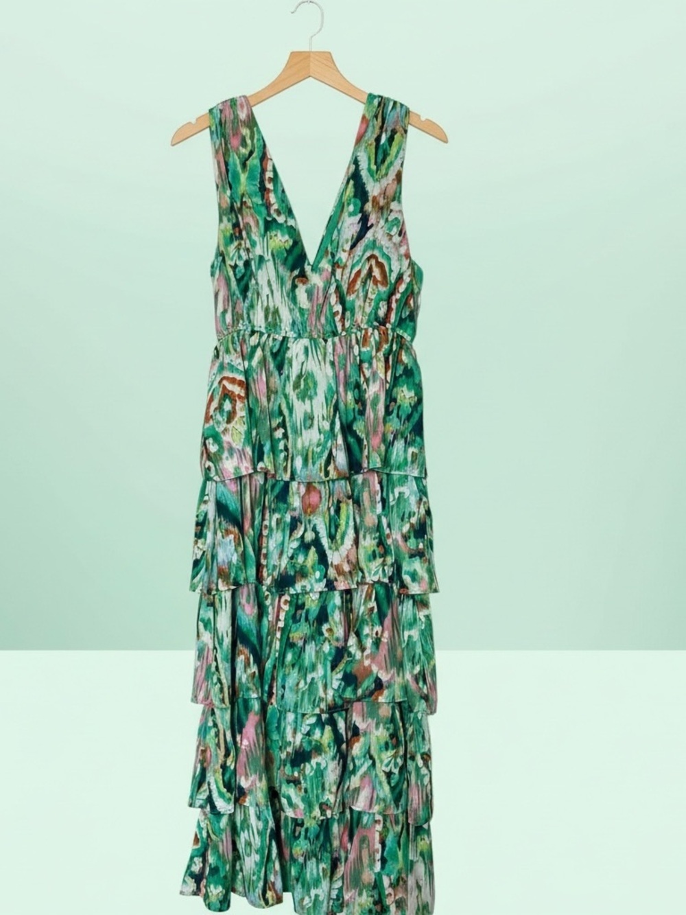 Tiered V-Neck Green Print Maxi Dress